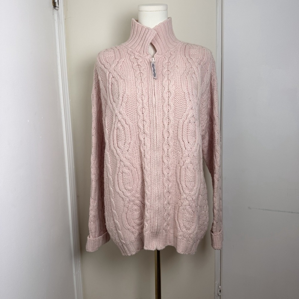 Aran Crafts Women's Cable-Knit 100% Merino Wool Pink Zip Up Sweater Sz S